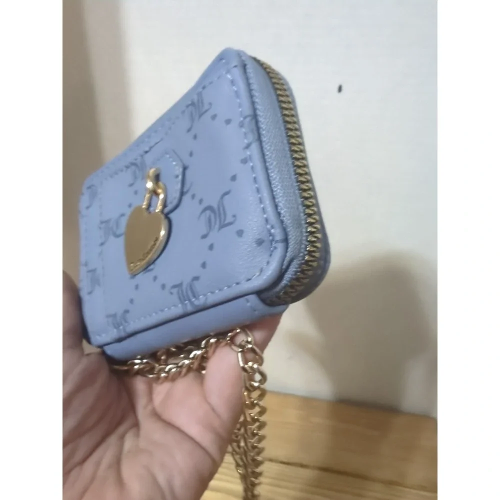 Juicy Couture Blue Pebbled Zip Wallet Heart Coin Purse Gold Chain Logo Charm